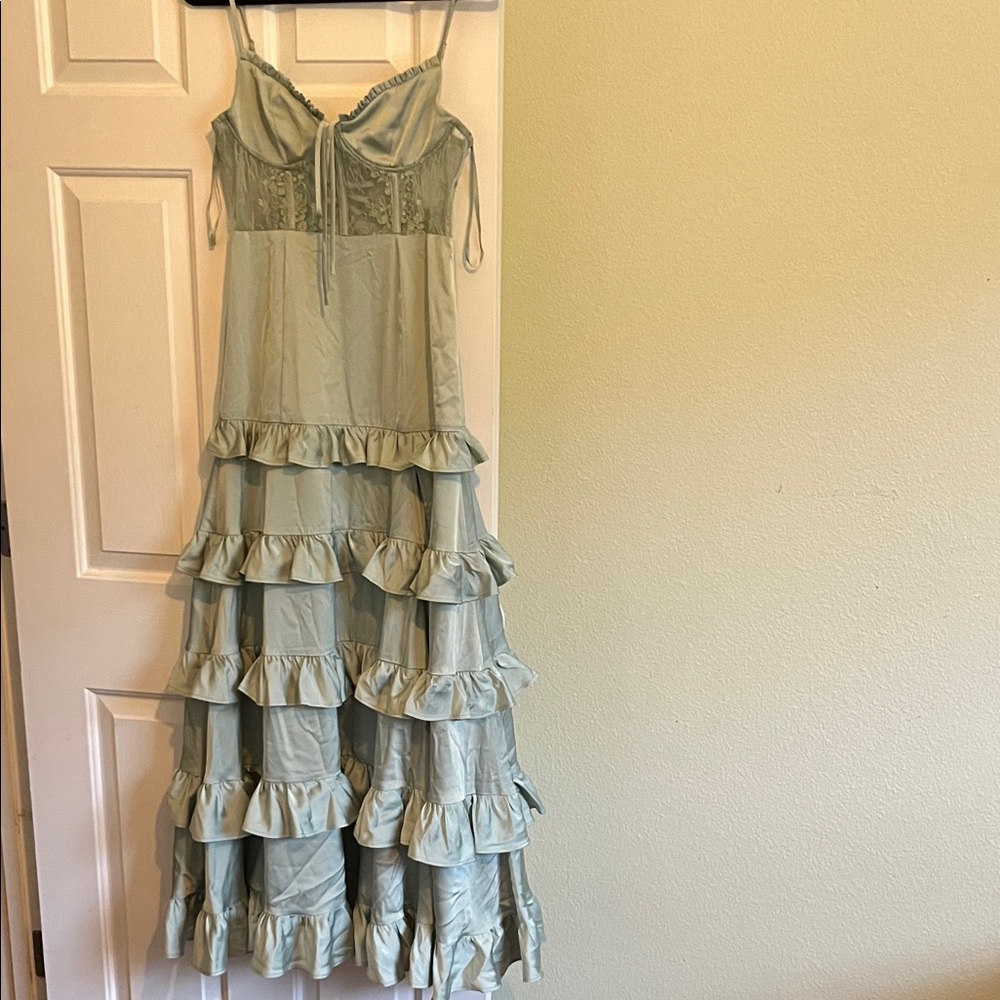 Elegant Green Ruff Dress ltar State layered ruffles from hips to end of maxi